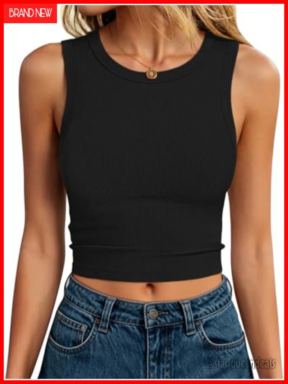 Ribbed Knit Crop Tank Top Sleeveless High Neck Slim Fit Casual Summer